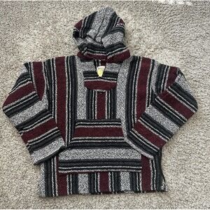 BAJA Hoodie Men Small Gray Red Striped‎ Hooded Pullover Southwestern Surf